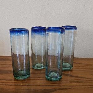 Handblown, Made In Mexico Cobalt Blue Rim Glass Tumblers Set